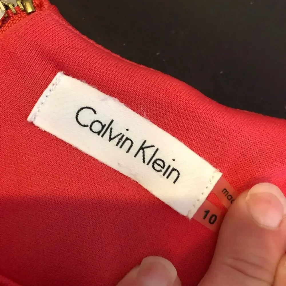 Calvin Klein coral orange pleated sleeveless fit & flare dress size 10